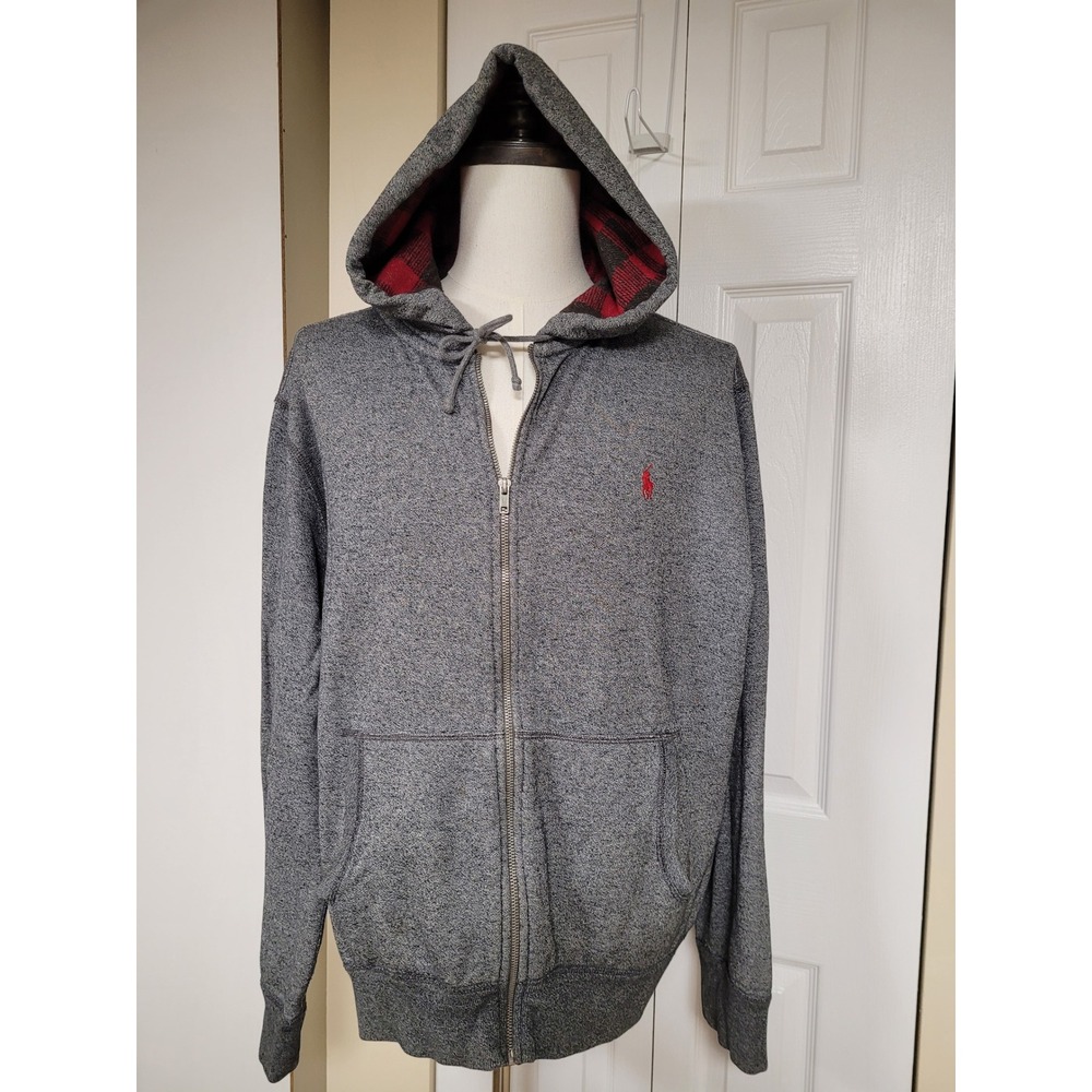 Polo Ralph Lauren Mens Full Zip Hoodie Gray Plaid Lined Hood Red Pony Size XXL